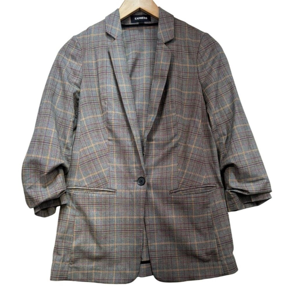 Express Womens Plaid Blazer XS Stretch Gray Scrunched Sleeve